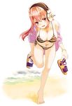  barefoot beach bikini breasts cleavage full_body headphones holding holding_shoes izumi_(sachikara) large_breasts long_hair navel nitroplus open_mouth pink_hair putting_on_shoes red_eyes removing_shoes sandals shoes single_shoe solo striped striped_bikini super_sonico swimsuit 