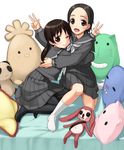  black_hair black_legwear blush brown_eyes hair_ornament hairclip hug kneeling long_hair miyoshi_chihiro mizuki_gyokuran multiple_girls one_eye_closed open_mouth pantyhose sawatari_fuu school_uniform serafuku short_hair sitting skirt smile stuffed_animal stuffed_toy tamayura twintails v 