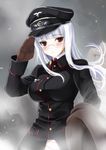  blush glasses gloves hat heidimarie_w_schnaufer kyougoku_shin military military_uniform no_pants panties peaked_cap red_eyes salute silver_hair solo strike_witches underwear uniform world_witches_series 
