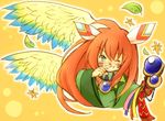  androgynous eijima_moko facepaint feathers green_eyes hair_feathers leaf long_hair one_eye_closed popoi red_hair seiken_densetsu seiken_densetsu_2 smile solo staff tears wings 