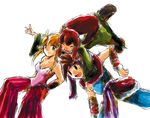  1girl 1other androgynous bare_shoulders blonde_hair brown_hair closed_eyes glomp gomaco_(gmco) happy headband hug pointy_ears popoi primm randi red_hair seiken_densetsu seiken_densetsu_2 vambraces 