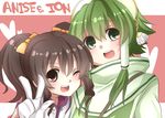  1girl ;d anise_tatlin bad_id bad_pixiv_id bow brown_eyes brown_hair character_name green_eyes green_hair hair_bow hair_tubes hairband ion long_hair one_eye_closed open_mouth pink_background short_hair_with_long_locks sidelocks smile tales_of_(series) tales_of_the_abyss twintails ushio_(lealuta) v 