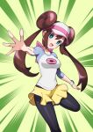  1girl :d bangs black_pantyhose blue_eyes bow breasts bright_pupils brown_hair commentary_request double_bun doughnut_hair_bun hair_bun happy leg_up legwear_under_shorts long_hair majin_(marcia) open_mouth pantyhose pink_bow pokemon pokemon_(game) pokemon_bw2 raglan_sleeves rosa_(pokemon) short_shorts shorts smile solo spread_fingers tongue twintails visor_cap white_pupils yellow_shorts 