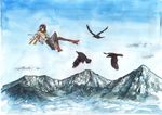  bad_id bad_pixiv_id bird black_hair black_legwear crow geta kobuushi mountain pantyhose scarf shameimaru_aya short_hair solo touhou traditional_media watercolor_(medium) 