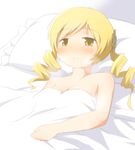  bare_shoulders bed blanket blonde_hair blush breasts breath cleavage drill_hair hair_ornament mahou_shoujo_madoka_magica medium_breasts pillow ran_(9ens2000) smile solo tomoe_mami twin_drills twintails under_covers yellow_eyes 