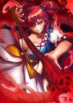  breasts cleavage covered_nipples grin hair_bobbles hair_ornament highres large_breasts onozuka_komachi red_eyes red_hair short_hair smile solo taketora_suzume teeth touhou two_side_up weapon 
