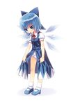  :o blue_eyes blue_hair bow cirno dress full_body hair_bow ice ice_wings kiira looking_down mary_janes panties pantyshot pinafore_dress shoes simple_background solo touhou underwear white_background white_panties wings 
