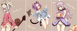  :3 animal_ears blue_eyes blush brown_hair bunny_ears bunny_tail cat_ears cat_tail dress elin_(tera) highres jumping long_hair multiple_girls panties purple_eyes purple_hair riku_manoue short_hair sketch smile squirrel_ears squirrel_tail staff tail tera_online twintails underwear weapon 