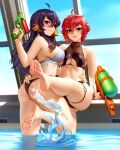  2girls absurdres ahoge arm_around_waist asymmetrical_docking bikini black_hair blonde_hair blue_sky breast_press breasts brown_eyes commentary commission copyright_request derivative_work english_commentary green_eyes highres kairunoburogu large_breasts leg_up long_hair mole mole_under_mouth multicolored_hair multiple_girls nude original piercing pool red_hair rei_no_pool short_hair sky soles splashing standing stomach_tattoo swimsuit tattoo thigh_strap toes tongue_piercing two-tone_hair water_gun wet window 