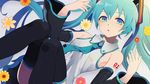  aqua_eyes aqua_hair bad_id bad_pixiv_id banned_artist bare_shoulders detached_sleeves flower harano hatsune_miku highres long_hair looking_at_viewer nail_polish necktie skirt solo thighhighs twintails very_long_hair vocaloid 