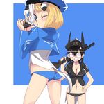  alternate_costume animal_ears ass aviator_sunglasses black_hair blonde_hair blue_eyes breasts bubble_blowing chewing_gum cleavage dog_ears dog_tail dominica_s_gentile gun hand_on_hip handgun hat jane_t_godfrey katuhata large_breasts looking_at_viewer midriff multiple_girls navel no_pants one_eye_closed panties pistol police police_uniform puckered_lips shiny shiny_skin short_hair shotgun sunglasses tail underwear uniform weapon world_witches_series 