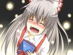  blush bow closed_eyes crying flask_(pandora) foreshortening from_above fujiwara_no_mokou grey_hair hair_bow hat light_particles long_hair open_mouth solo suspenders tears touhou 