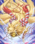  blonde_hair canine digimon fox hair kyubimon long_hair looking_at_viewer mammal multiple_tails petals rope solo yellow_eyes 