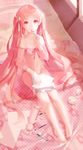  aile_(crossroads) bad_id bad_pixiv_id barefoot bra hair_ribbon highres lingerie long_hair navel on_bed original panties papers pen pencil pink pink_eyes pink_hair polka_dot ribbon see-through sitting solo twintails underwear underwear_only very_long_hair 