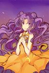  bishoujo_senshi_sailor_moon bow crescent dress earrings facial_mark forehead_mark hair_bun hands_clasped highres jewelry long_hair luna_(sailor_moon) luna_(sailor_moon)_(human) necklace own_hands_together personification purple_background purple_eyes purple_hair shimotsuki_(ichiruki) solo tears yellow_bow yellow_dress 