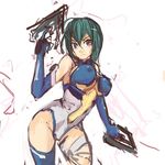  &gt;:( ahoge aqua_hair armpits bangs bare_shoulders blue_gloves blue_legwear blue_leotard breasts constricted_pupils covered_nipples cowboy_shot dual_wielding elbow_gloves facial_mark frown gloves groin gun hair_between_eyes halterneck hand_up handgun highleg highleg_leotard highres holding holding_weapon kannagi_itsuki large_breasts leotard panties_(pantsu-pirate) pilot_suit pistol purple_eyes serious short_hair single_thighhigh sketch solo sora_wo_kakeru_shoujo thighhighs turtleneck v-shaped_eyebrows weapon white_background white_leotard 