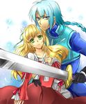  1girl armor bad_id bad_pixiv_id blonde_hair blue_eyes blue_hair claire_bennett dress gloves green_eyes ichineko. left-handed long_hair red_dress serious sword tales_of_(series) tales_of_rebirth veigue_lungberg weapon 