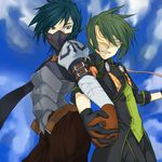  2boys armor belt blue_hair brown_eyes cashel gloves green_hair mask multiple_boys sync tales_of_(series) tales_of_legendia 