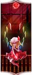  bad_id bad_pixiv_id clock crystal dress finger_to_mouth flandre_scarlet gotoh510 hat hat_ribbon highres long_image red_dress red_eyes ribbon sitting smile solo tall_image touhou window wings wrist_cuffs 
