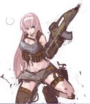  :3 aqua_eyes assault_rifle breasts cleavage gloves gun hairband knee_pads large_breasts left-handed load_bearing_vest long_hair megurine_luka one_knee panties_(pantsu-pirate) pink_hair rifle short_shorts shorts solo thigh_strap very_long_hair vocaloid weapon xm8 