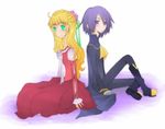  1boy 1girl blonde_hair boots cape claire_bennett dress flower green_eyes long_hair purple_eyes purple_hair ribbon saleh short_hair tales_of_(series) tales_of_rebirth 