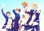  bad_id bad_pixiv_id baseball_cap black_hair blonde_hair brown_eyes brown_hair danshi_koukousei_no_nichijou facial_hair hat highres hiramatsu_(rama) karasawa_toshiyuki motoharu_(danshi_koukousei) multiple_boys necktie paper paper_airplane president_(danshi_koukousei) school_uniform short_hair striped striped_neckwear stubble vice_president_(danshi_koukousei) 