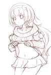  breasts collar compa detached_sleeves drawfag groin hairband highres long_hair medium_breasts midriff miniskirt monochrome navel neptune_(series) shirt_lift skirt slender_waist solo sweater 