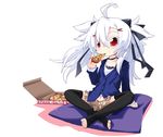  ahoge barefoot cushion eating food holding_pizza horns indian_style long_hair navel original pizza pizza_box red_eyes reku ribbon shiroko_(reku) silver_hair sitting solo thighhighs toeless_legwear toes twintails very_long_hair 