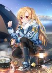  1girl :d ahoge armband asymmetrical_bangs azur_lane backpack bag bangs bird black_legwear black_skirt blonde_hair blue_coat blue_footwear blue_legwear blush camouflage_jacket campfire camping character_name chick cleveland_(azur_lane) commentary_request cooking day dust_(394652411) english_text eyebrows_visible_through_hair fire fish fishing full_body fur_scarf grin highres holding knee_pads kneehighs lake lantern long_hair long_sleeves looking_at_viewer miniskirt mountainous_horizon one_side_up open_mouth outdoors pantyhose pantyhose_under_kneehighs pot red_eyes scarf shoes skirt smile sneakers solo squatting stew teeth tent very_long_hair white_scarf 