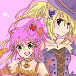  2girls animal_ears bare_shoulders blonde_hair breasts choker cross detached_sleeves green_eyes hat hinamori_amu hoshina_utau lowres multiple_girls pink_hair purple_eyes shugo_chara! star tail 