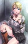  1girl blonde_hair blouse blue_eyes blush boots breasts capcom choker cleavage demento fiona_belli impossible_clothes impossible_shirt large_breasts looking_up miniskirt open_mouth ponytail sgk shirt short_hair sitting skirt sweat 