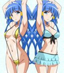  :o aoki_reika armpits arms_up bikini bikini_skirt blue_eyes blue_hair blush breasts cleavage cure_beauty dual_persona long_hair marugoshi_teppei medium_breasts navel precure shiny shiny_skin skirt slingshot_swimsuit smile_precure! strap_gap swimsuit thigh_gap tiara white_background 