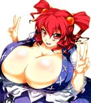 blue_dress breasts cleavage double_v dress gigantic_breasts hair_bobbles hair_ornament onozuka_komachi open_mouth red_eyes sentarou shiny shiny_skin short_hair smile solo touhou two_side_up v 