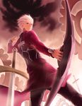  aile_(crossroads) archer bow_(weapon) fate/stay_night fate_(series) gears male_focus planted_sword planted_weapon solo sword unlimited_blade_works weapon white_hair 