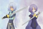  2boys armor blue_eyes blue_hair braid cape gloves multiple_boys purple_hair saleh sword tales_of_(series) tales_of_rebirth veigue_lungberg weapon 