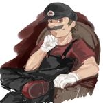  absurdres alternate_color brown_eyes brown_hair chair chin_rest crossed_legs easy_chair facial_hair gebyy-terar gloves hat highres male_focus mario mario_(series) mustache overalls sitting solo super_mario_bros. 