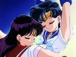  90s armpits arms_up bishoujo_senshi_sailor_moon black_hair blue_choker blue_hair blue_sailor_collar choker closed_eyes earrings eyelashes face hino_rei inner_senshi itou_ikuko jewelry long_hair mizuno_ami multiple_girls official_art red_sailor_collar sailor_collar sailor_mars sailor_mercury sailor_senshi_uniform short_hair tiara 