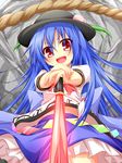  :d blue_hair blush food fruit hat highres hinanawi_tenshi long_hair open_mouth peach red_eyes rope smile solo sword_of_hisou touhou v-shaped_eyebrows wakagi_repa 