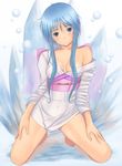  bare_legs barefoot blue_eyes blue_hair full_body hands_on_thighs ice japanese_clothes jigoku_sensei_nube kimono kneeling long_hair muffin_(sirumeria) revealing_clothes snow solo yukime_(jigoku_sensei_nube) 