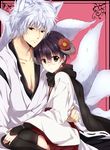  1girl animal_ears black_hair black_legwear brown_eyes cosplay flower fox_ears fox_tail genderswap genderswap_(mtf) gintama hair_flower hair_ornament horns inu_x_boku_ss maruki_(punchiki) miketsukami_soushi miketsukami_soushi_(cosplay) multiple_tails pink_background red_eyes sakata_gintoki shimura_shinpachi shirakiin_ririchiyo shirakiin_ririchiyo_(cosplay) short_hair silver_hair sitting sitting_on_lap sitting_on_person tail thighhighs 