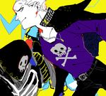  barbell_piercing belt bullet ear_piercing grey_eyes hira jacket jacket_on_shoulders jolly_roger long_sleeves looking_at_viewer multiple_boys nose_piercing pants persona persona_4 piercing scar short_hair standing take-mikazuchi tatsumi_kanji white_hair widow's_peak 