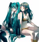  aqua_eyes aqua_hair bad_id bad_pixiv_id bikini crossover detached_sleeves green_hair hatsune_miku holding_hands long_hair looking_at_viewer lum multiple_girls navel simple_background sitting skirt smile swimsuit thighhighs tsukioka_tsukiho twintails urusei_yatsura very_long_hair vocaloid yellow_eyes zettai_ryouiki 