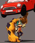  aqua_hair boots breasts car cerebella_(skullgirls) cleavage detached_sleeves green_hair ground_vehicle hashigaya high_heels highres large_breasts living_clothes mini_cooper motor_vehicle muscle shoes skull skullgirls smile solo thigh_boots thighhighs vice-versa_(skullgirls) 