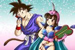  1girl armor bikini_armor black_hair breasts cape chi-chi_(dragon_ball) collarbone dougi dragon_ball dragon_ball_(classic) gloves groin helmet long_hair masa_(p-piyo) medium_breasts muscle pauldrons pole rope son_gokuu spiked_hair tail war_fan wristband 