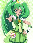  :d bow bowtie brooch choker circlet cure_march eyelashes green green_background green_choker green_eyes green_hair green_neckwear green_skirt hand_on_hip jewelry long_hair magical_girl masako_(sabotage-mode) midorikawa_nao open_mouth pointing ponytail precure skirt smile smile_precure! solo star starry_background tri_tails wrist_cuffs 