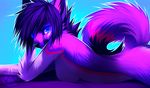  blue_background blue_eyes breasts canine falvie female glowing_eyes looking_at_viewer nude plain_background purple_fur side_boob solo 