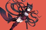  black_hair black_legwear copyright_request dual_wielding dutch_angle hair_ribbon holding katana kazuoki long_hair purple_eyes red_background ribbon simple_background solo sword thighhighs very_long_hair weapon 