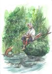  animal animal_ears bad_id bad_pixiv_id barefoot hat highres inubashiri_momiji kobuushi nature otter river shield short_hair silver_hair sitting sketch smile solo tokin_hat touhou traditional_media water wolf_ears 