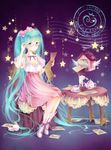  adjusting_eyewear aqua_eyes aqua_hair bunny chair cup dress emurina envelope glasses hatsune_miku high_heels highres letter long_hair looking_at_viewer postmark shoes sitting solo star table teacup teapot twintails very_long_hair vocaloid 
