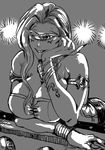  armband armlet bare_shoulders bent_over billiards breasts bustier casual chin_rest cleavage cue_ball cyclops eyelashes fingernails greyscale jewelry joka_(hiwai) large_breasts lips long_fingernails long_hair monochrome monster_girl one-eyed original snake solo 